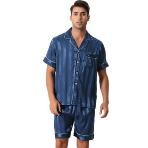 Men Satin Button Down Striped Short Sleeve and Shorts Pajama Set Blue